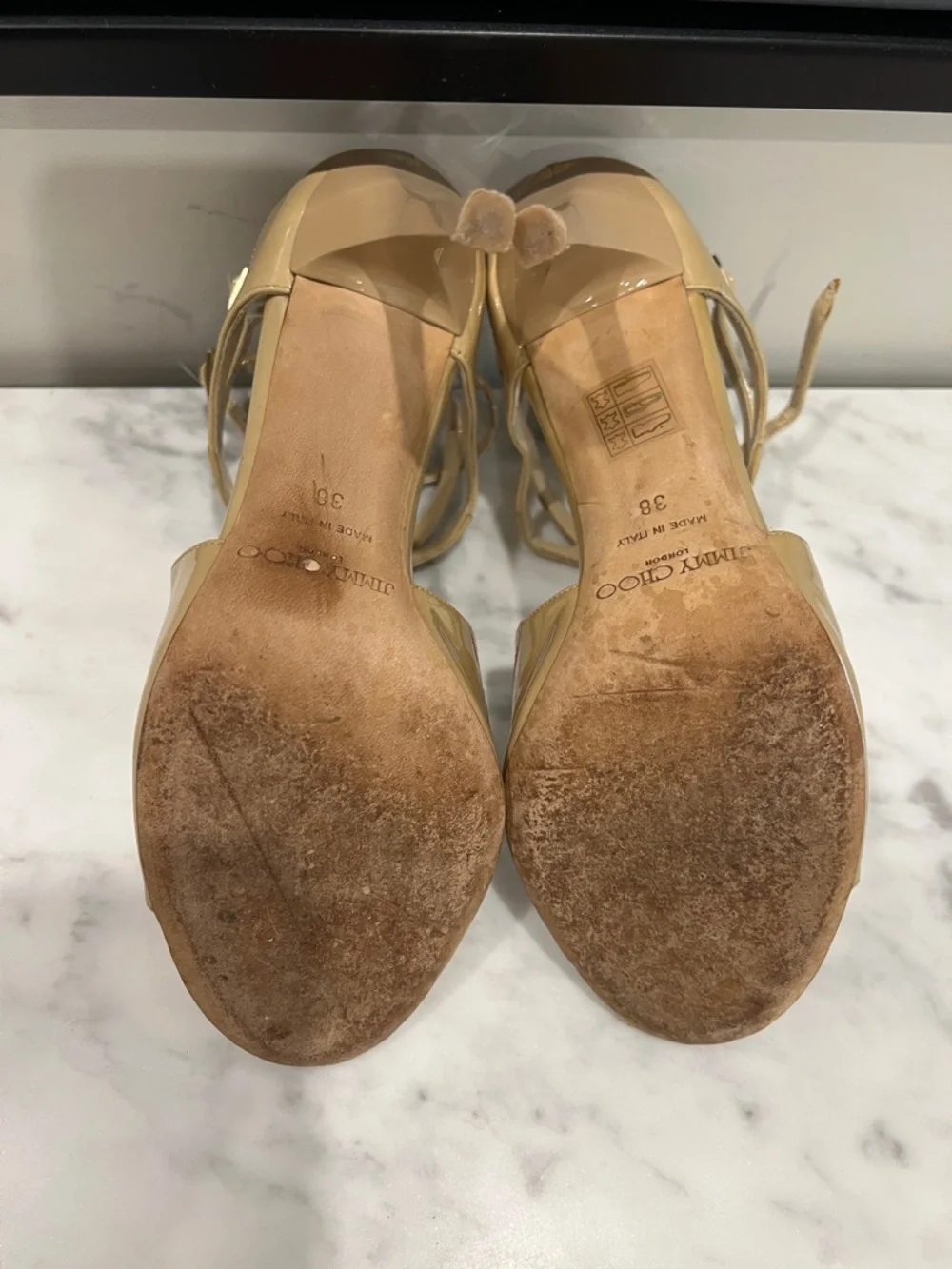 Jimmy Choo Beige Patent Leather Strappy High-Heel Sandals - Picture 10 of 10